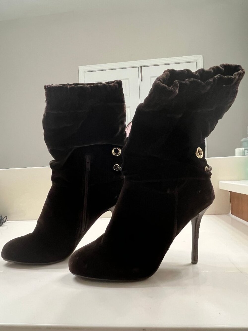 Charles & Keith Brown Velvet Slouch Stiletto Boots EU37 US6